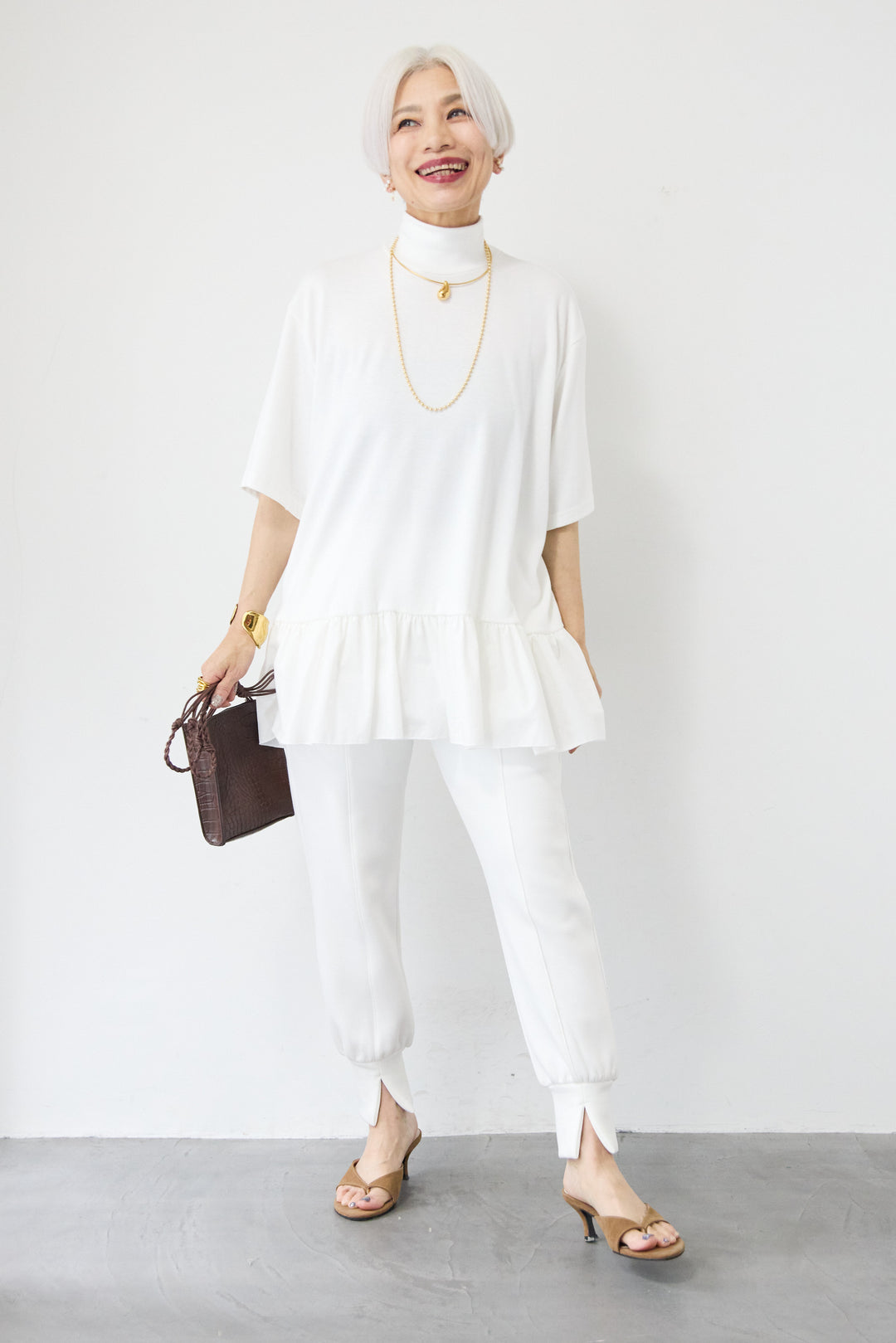 [SET]布帛ペプラム切替モックネックカットソー+ライトダンボールジョガーパンツ(2set)