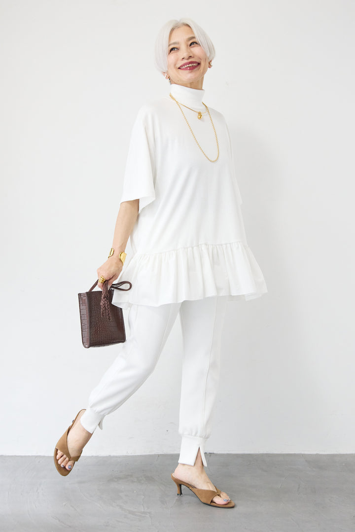 [SET]布帛ペプラム切替モックネックカットソー+ライトダンボールジョガーパンツ(2set)