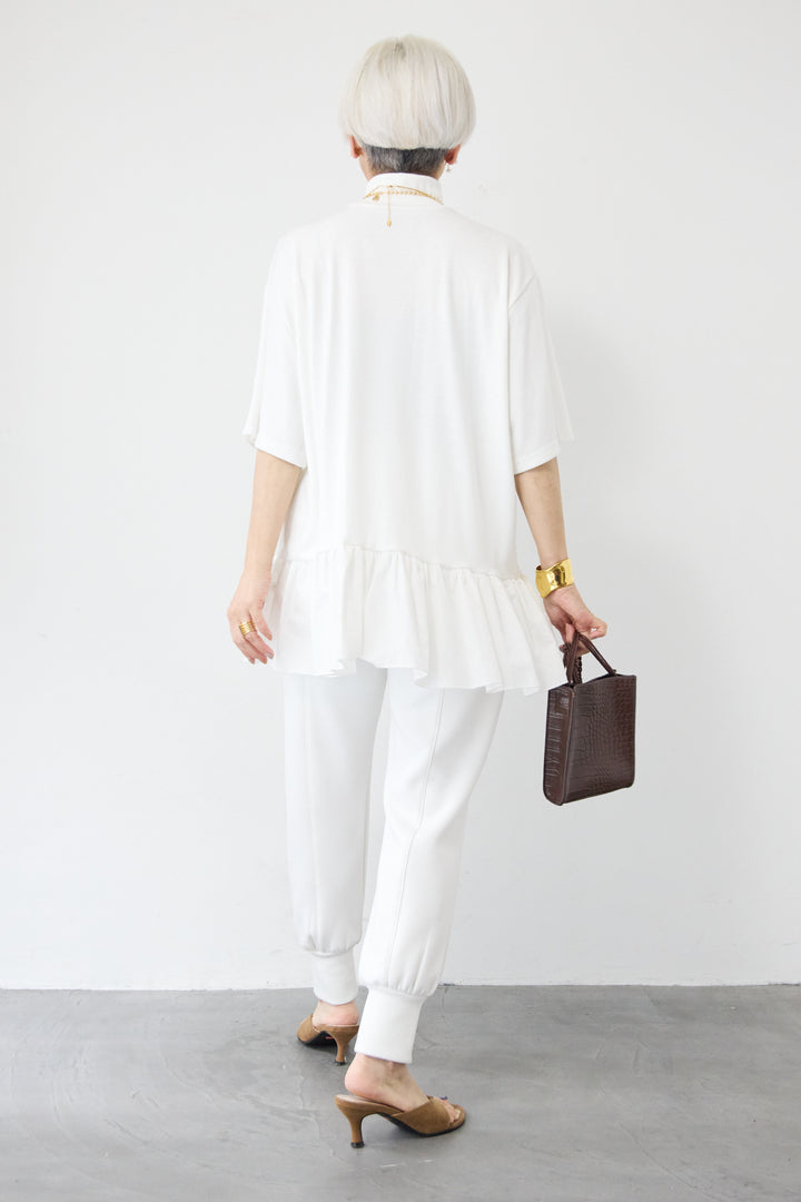 [SET]布帛ペプラム切替モックネックカットソー+ライトダンボールジョガーパンツ(2set)