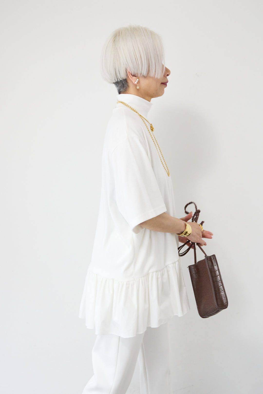 [SET]布帛ペプラム切替モックネックカットソー+ライトダンボールジョガーパンツ(2set)