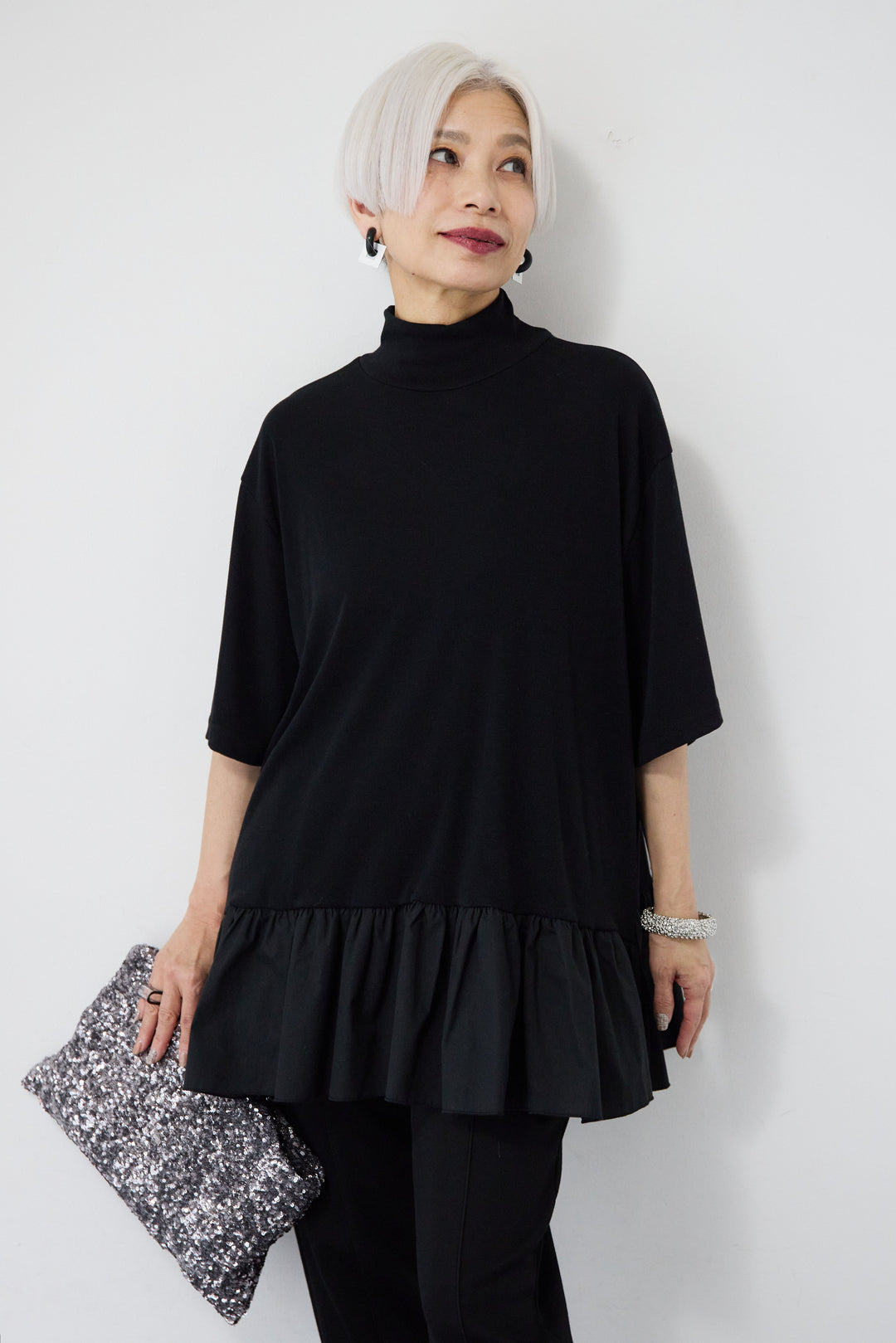 [SET]布帛ペプラム切替モックネックカットソー+ライトダンボールジョガーパンツ(2set)