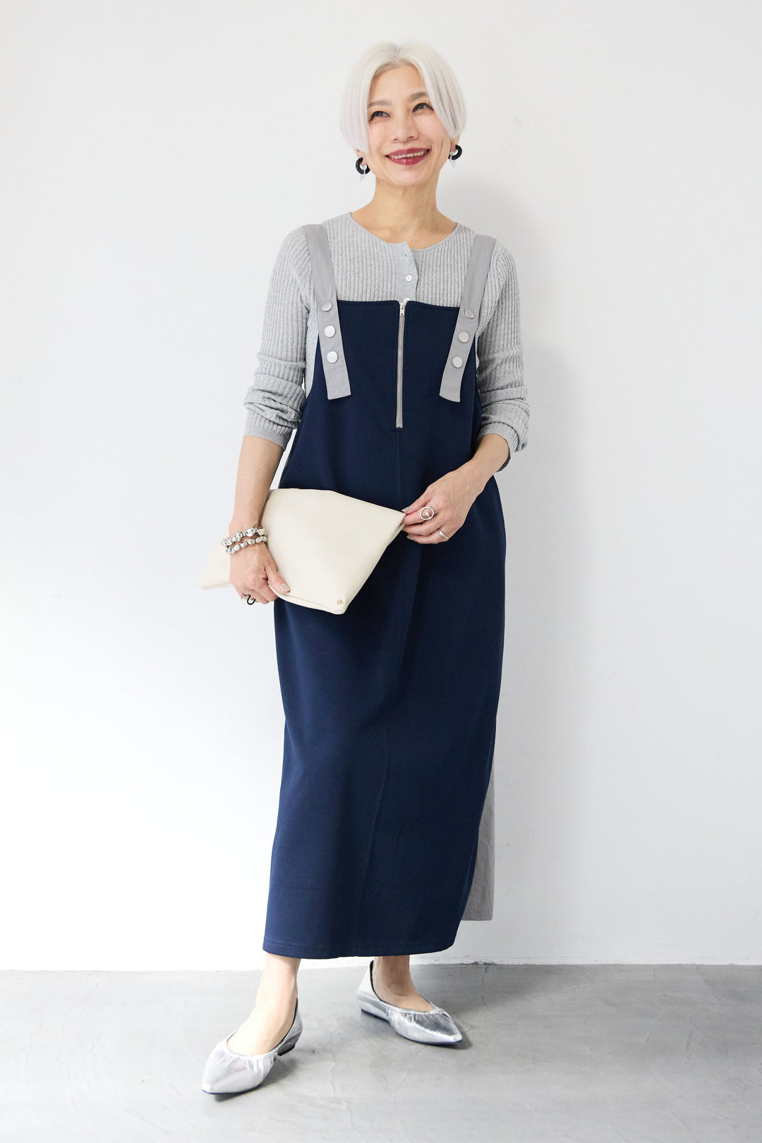 [SET]12Gリブクルーネックカーディガン+ワークデザインジャンパースカート(2set)