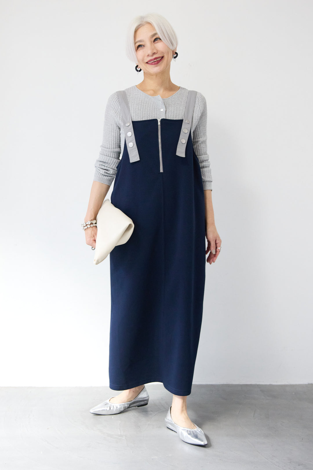 [SET]12Gリブクルーネックカーディガン+ワークデザインジャンパースカート(2set)