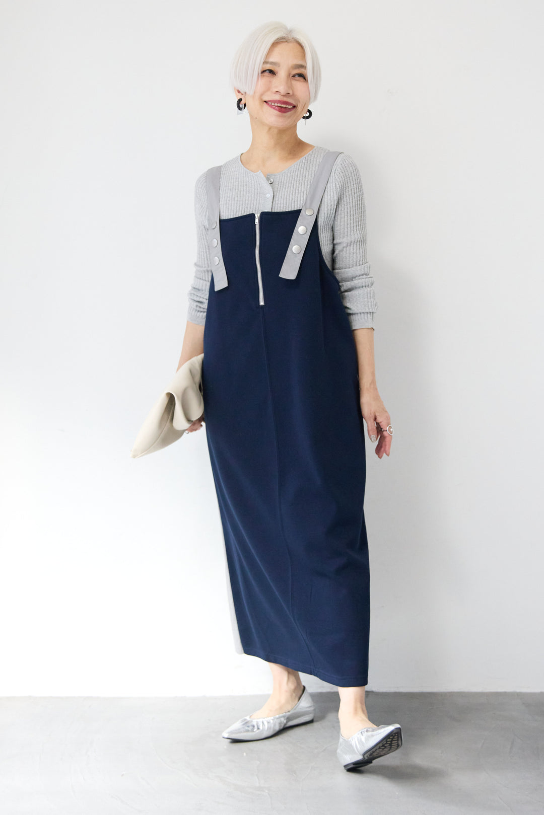 [SET]12Gリブクルーネックカーディガン+ワークデザインジャンパースカート(2set)