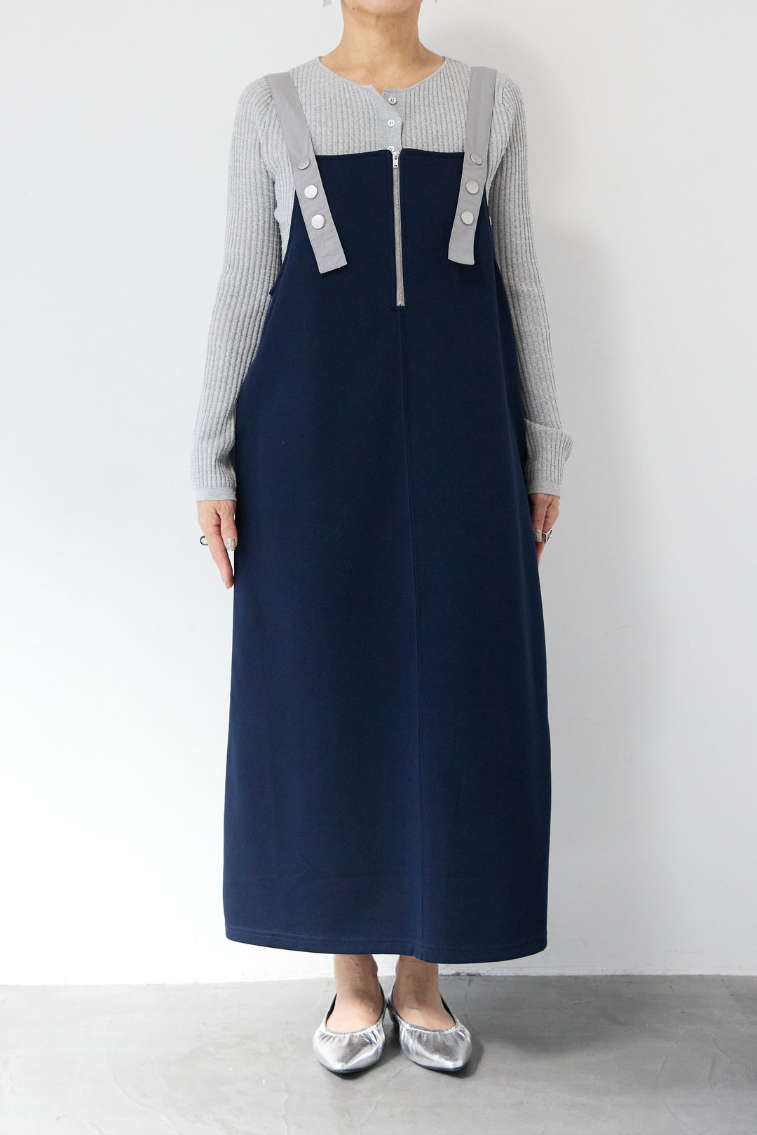 [SET]12Gリブクルーネックカーディガン+ワークデザインジャンパースカート(2set)