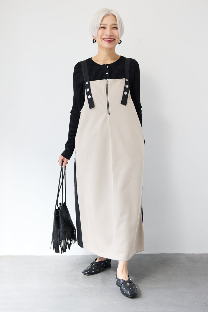 [SET]12Gリブクルーネックカーディガン+ワークデザインジャンパースカート(2set)