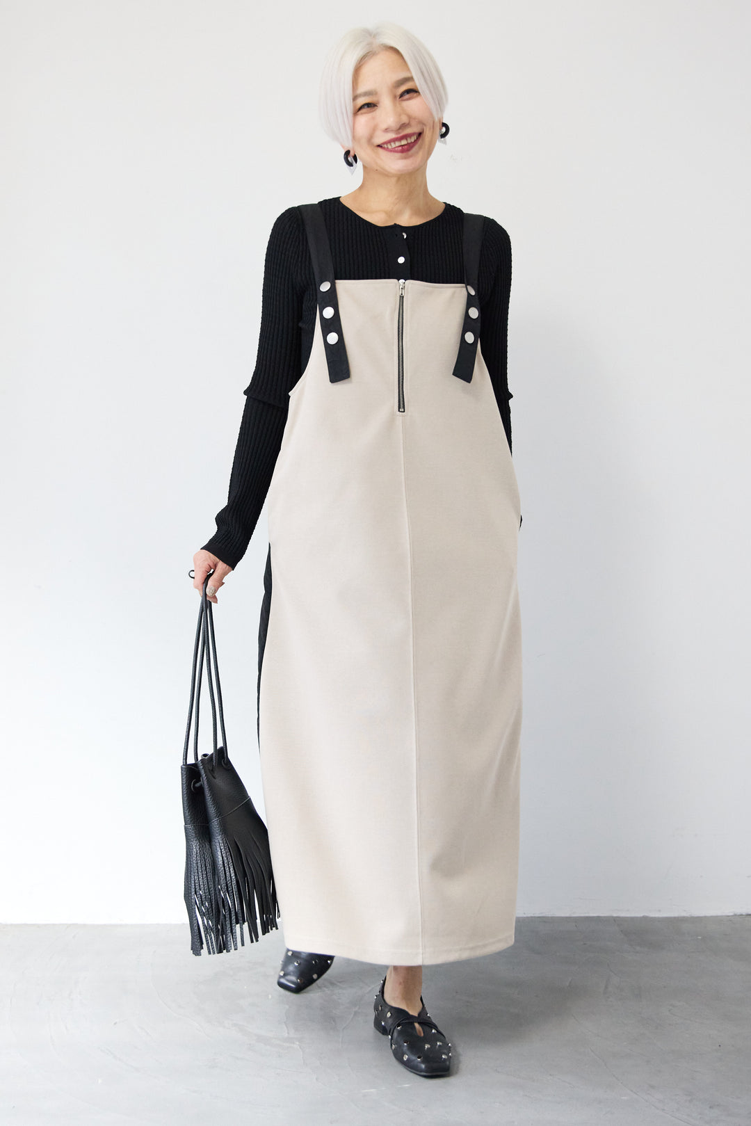 [SET]12Gリブクルーネックカーディガン+ワークデザインジャンパースカート(2set)