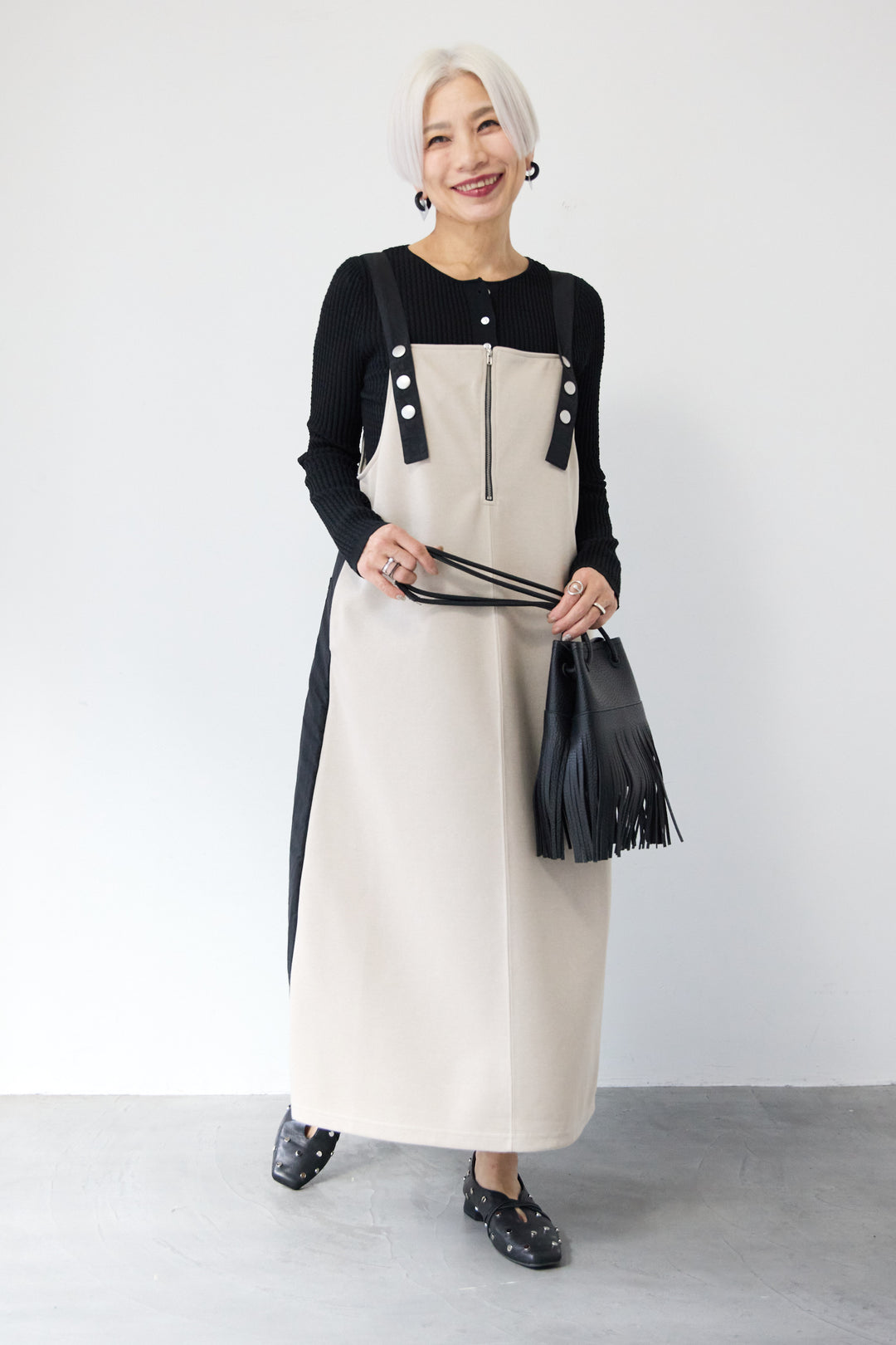 [SET]12Gリブクルーネックカーディガン+ワークデザインジャンパースカート(2set)