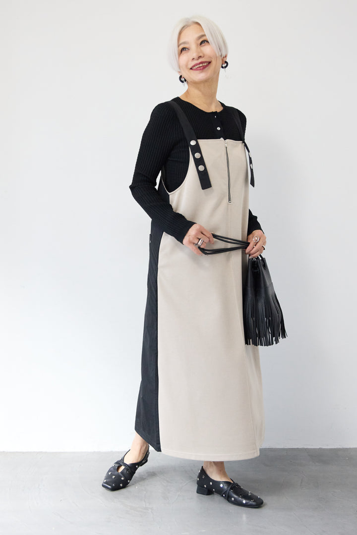 [SET]12Gリブクルーネックカーディガン+ワークデザインジャンパースカート(2set)