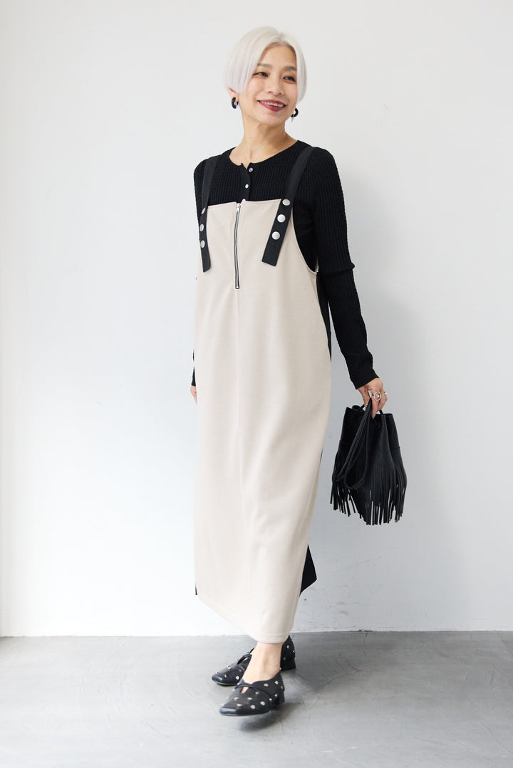 [SET]12Gリブクルーネックカーディガン+ワークデザインジャンパースカート(2set)