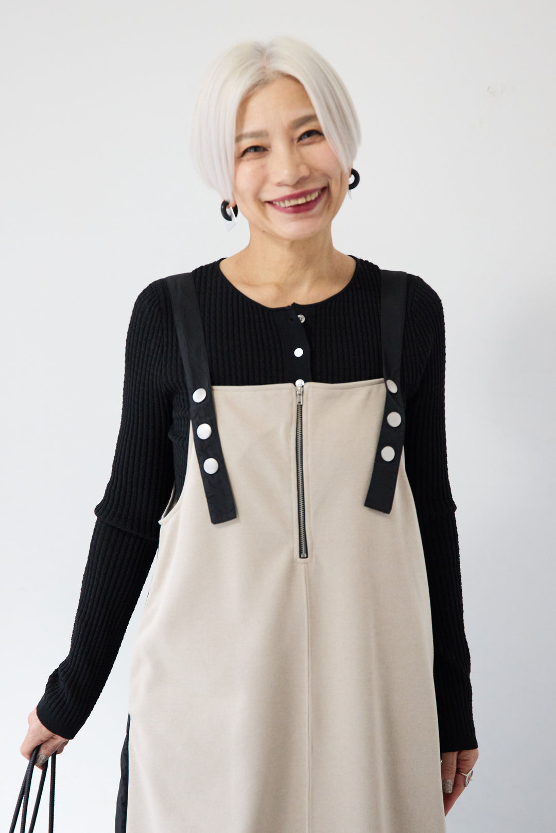 [SET]12Gリブクルーネックカーディガン+ワークデザインジャンパースカート(2set)