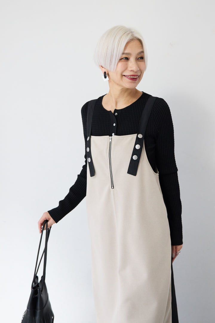 [SET]12Gリブクルーネックカーディガン+ワークデザインジャンパースカート(2set)