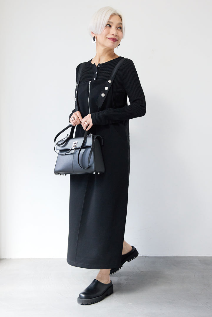 [SET]12Gリブクルーネックカーディガン+ワークデザインジャンパースカート(2set)