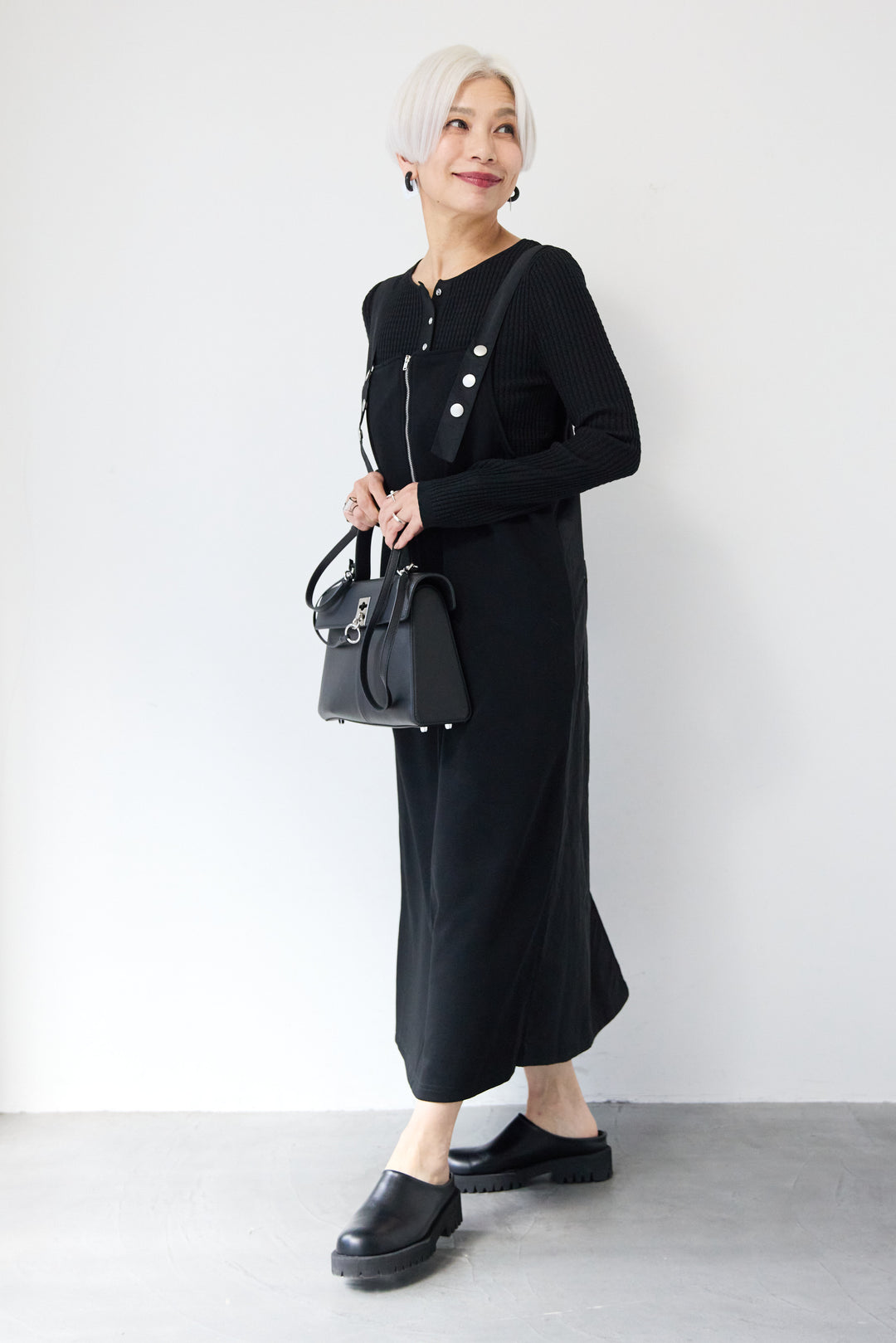 [SET]12Gリブクルーネックカーディガン+ワークデザインジャンパースカート(2set)