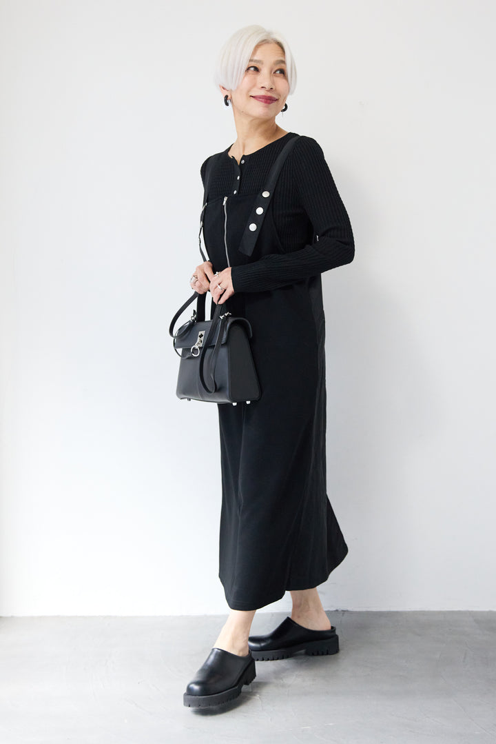 [SET]12Gリブクルーネックカーディガン+ワークデザインジャンパースカート(2set)