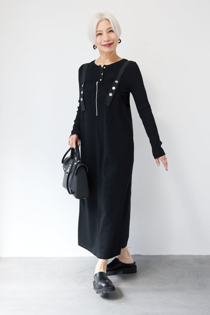 [SET]12Gリブクルーネックカーディガン+ワークデザインジャンパースカート(2set)