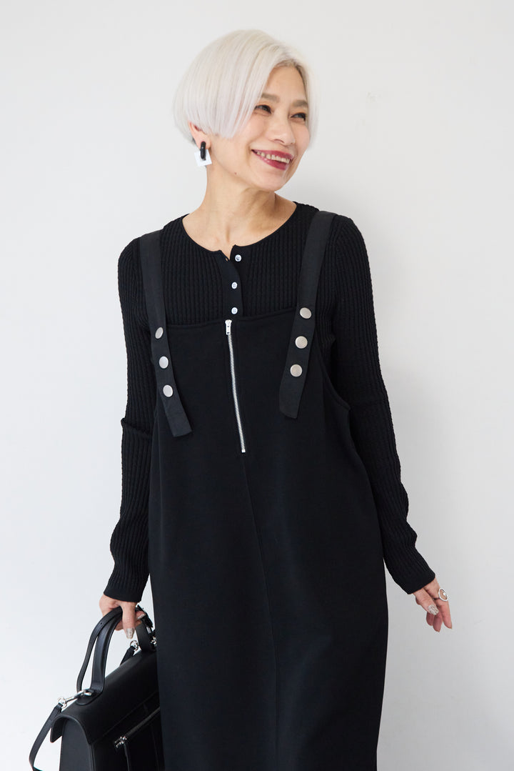 [SET]12Gリブクルーネックカーディガン+ワークデザインジャンパースカート(2set)