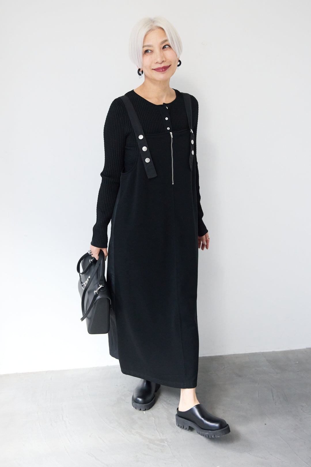 [SET]12Gリブクルーネックカーディガン+ワークデザインジャンパースカート(2set)