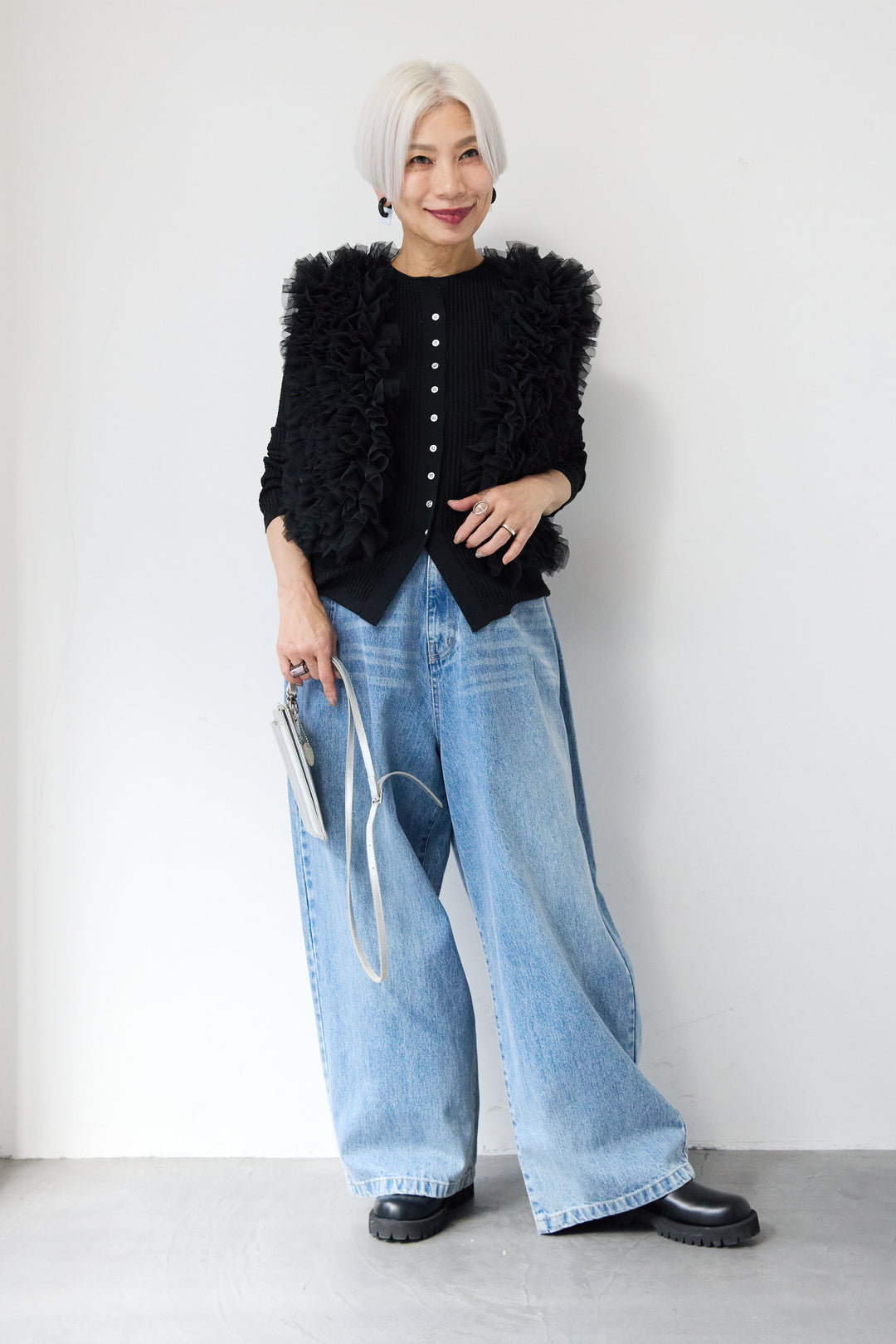 [SET]12Gリブクルーネックカーディガン+チュールフリルベスト(2set)