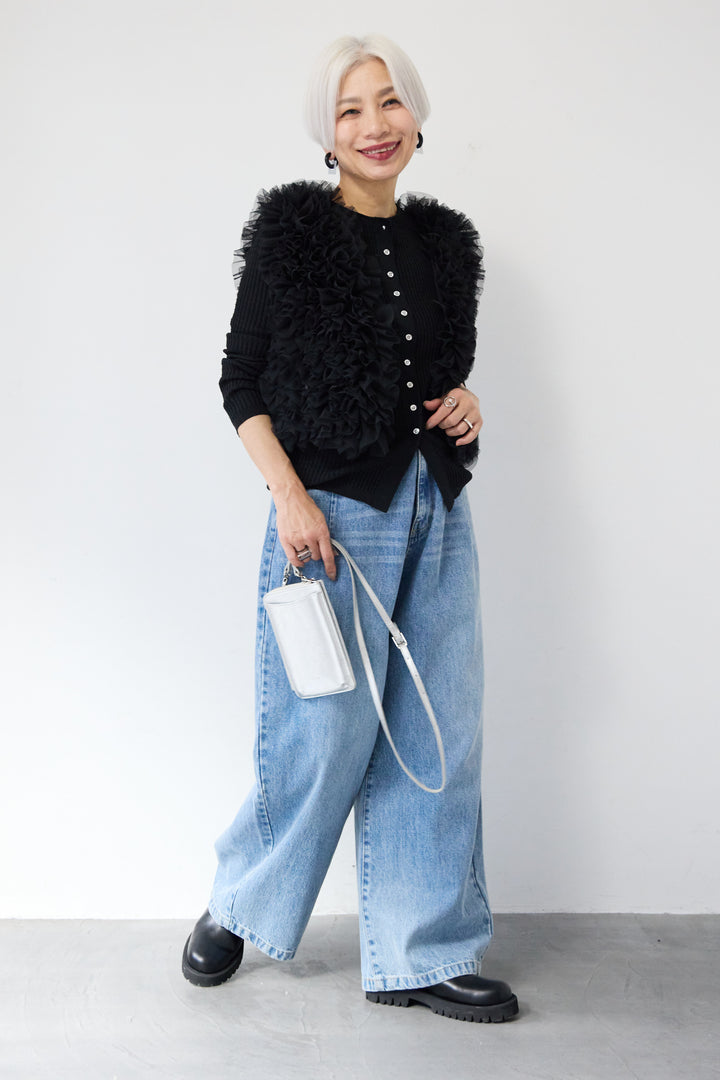 [SET]12Gリブクルーネックカーディガン+チュールフリルベスト(2set)