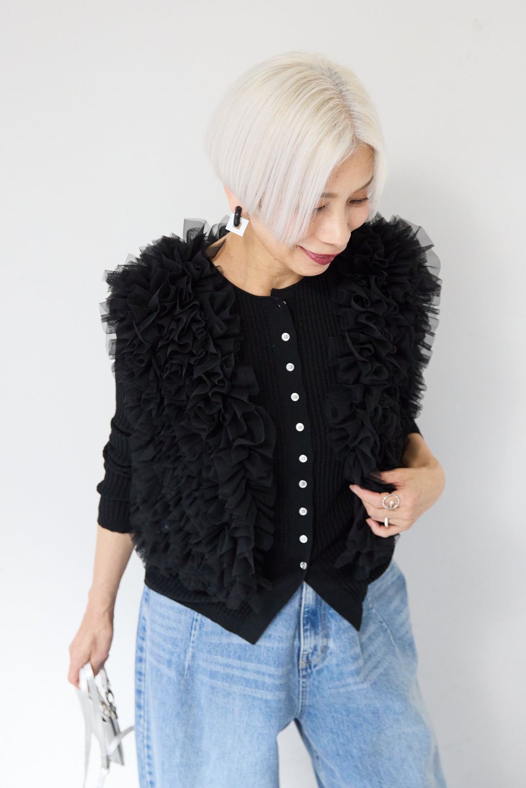 [SET]12Gリブクルーネックカーディガン+チュールフリルベスト(2set)