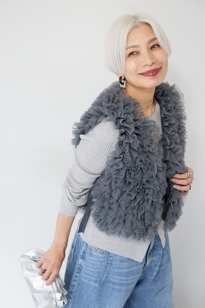 [SET]12Gリブクルーネックカーディガン+チュールフリルベスト(2set)