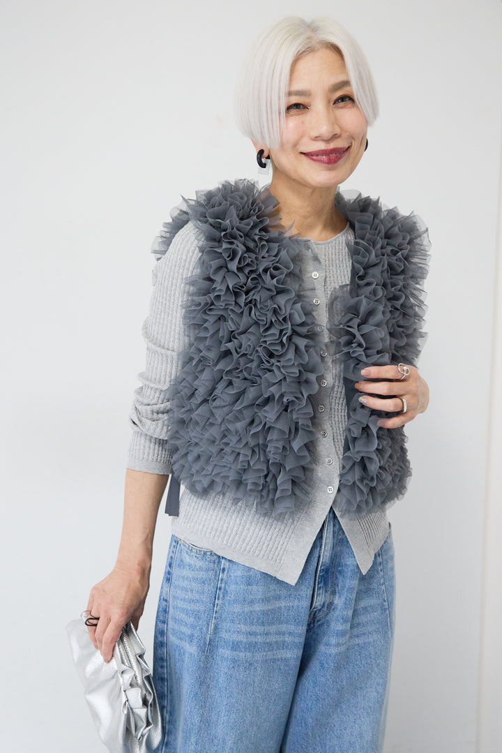 [SET]12Gリブクルーネックカーディガン+チュールフリルベスト(2set)