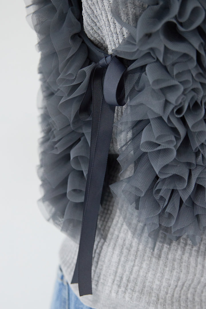 [SET]12Gリブクルーネックカーディガン+チュールフリルベスト(2set)