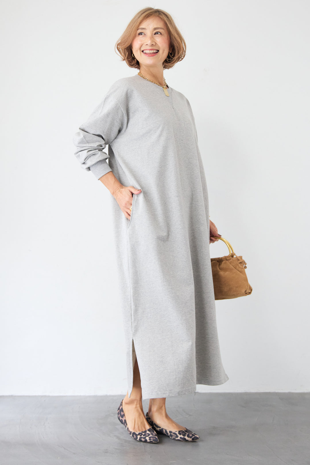 スウェット サイドスリット ロングワンピース