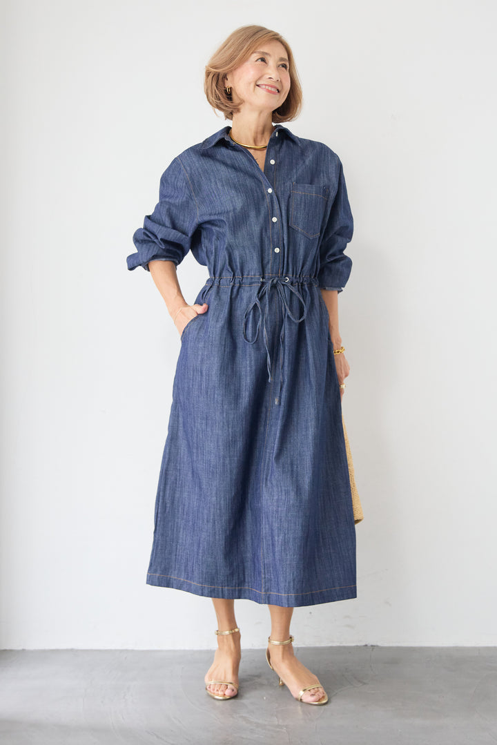 ウエストドロスト デニムシャツワンピース
