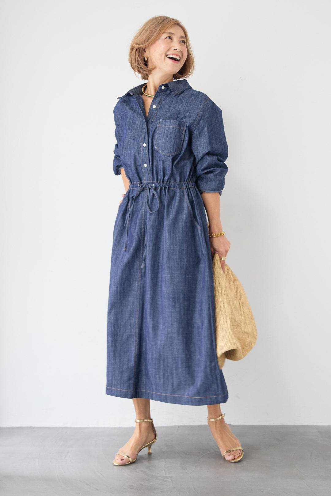ウエストドロスト デニムシャツワンピース