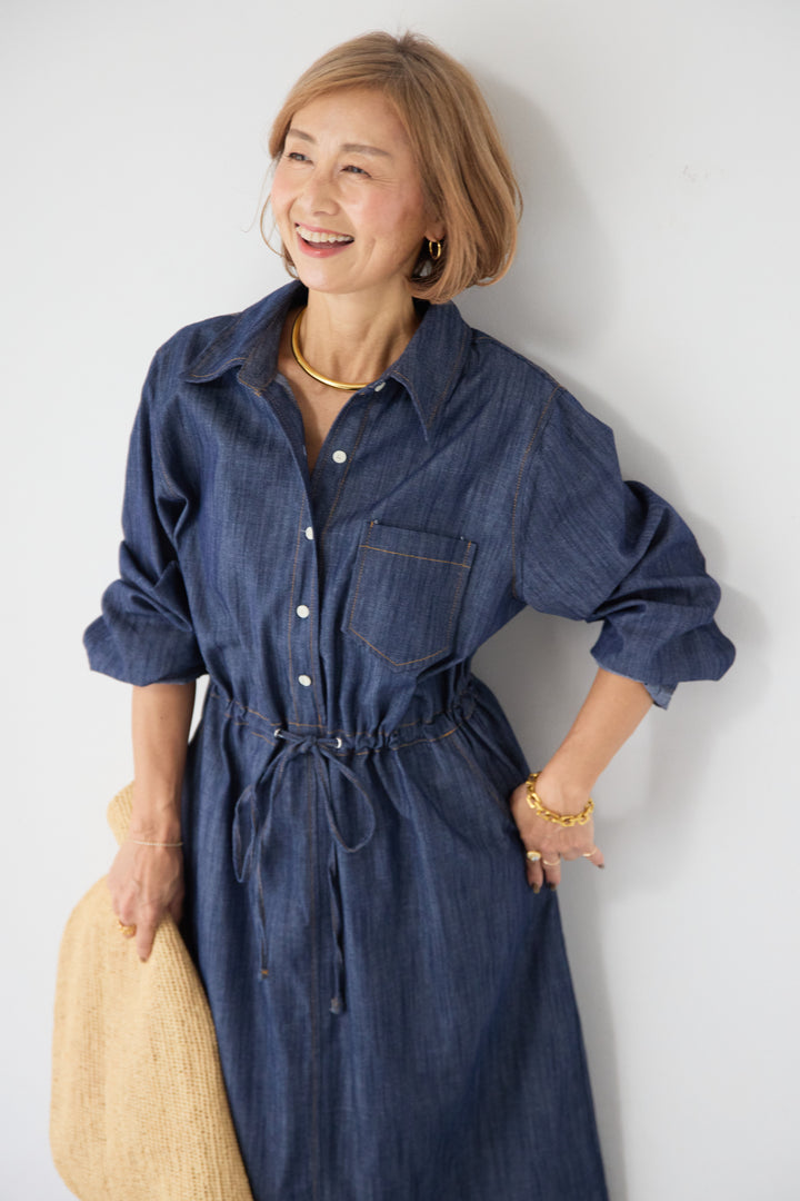 ウエストドロスト デニムシャツワンピース