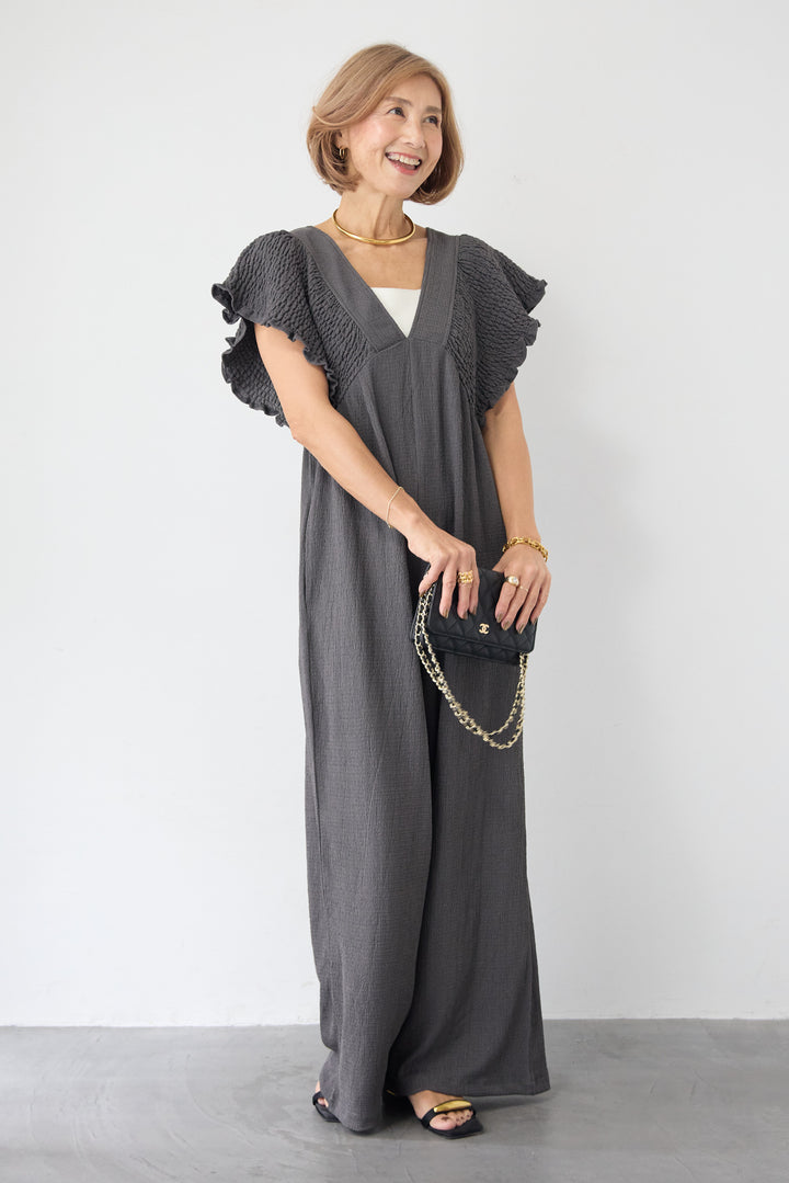 ふくれジャガード シャーリングサロペット