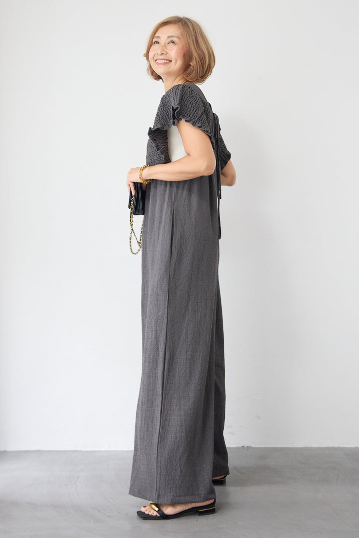 ふくれジャガード シャーリングサロペット