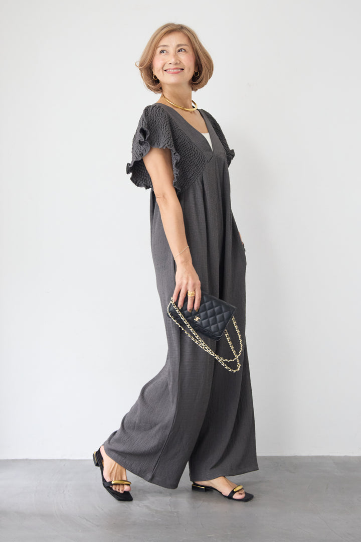 ふくれジャガード シャーリングサロペット