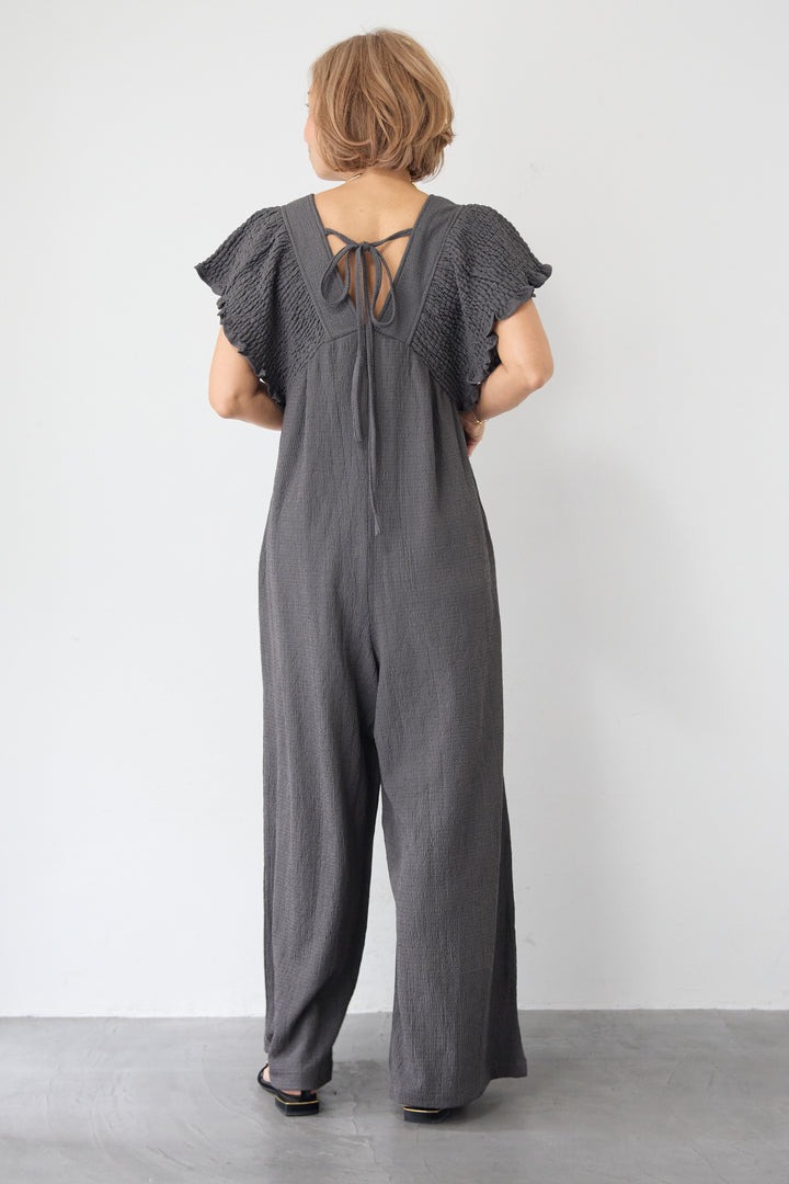 ふくれジャガード シャーリングサロペット