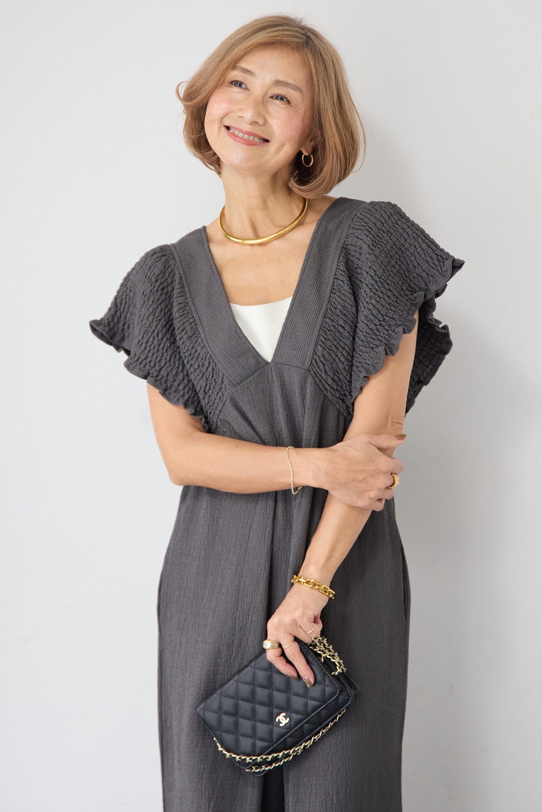 ふくれジャガード シャーリングサロペット