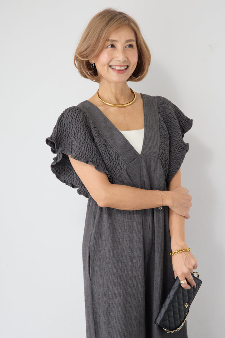 ふくれジャガード シャーリングサロペット