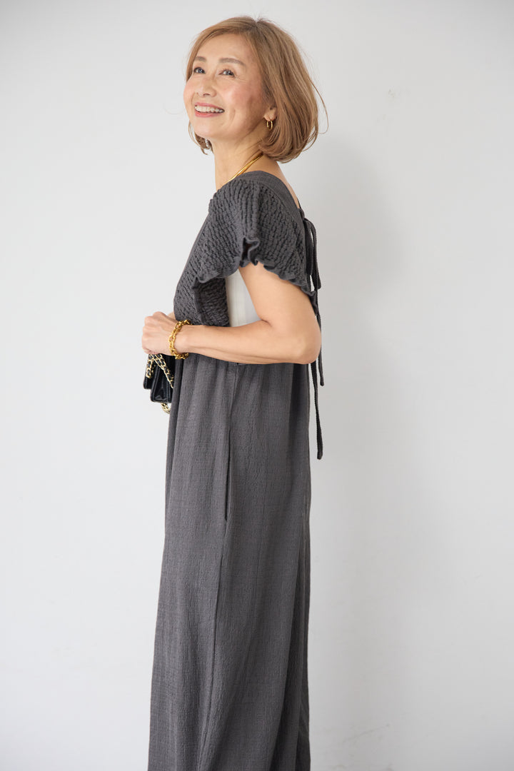 ふくれジャガード シャーリングサロペット