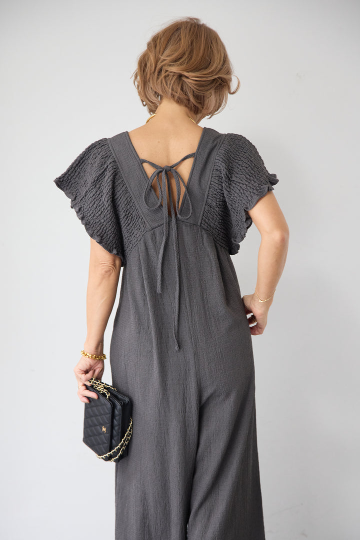 ふくれジャガード シャーリングサロペット