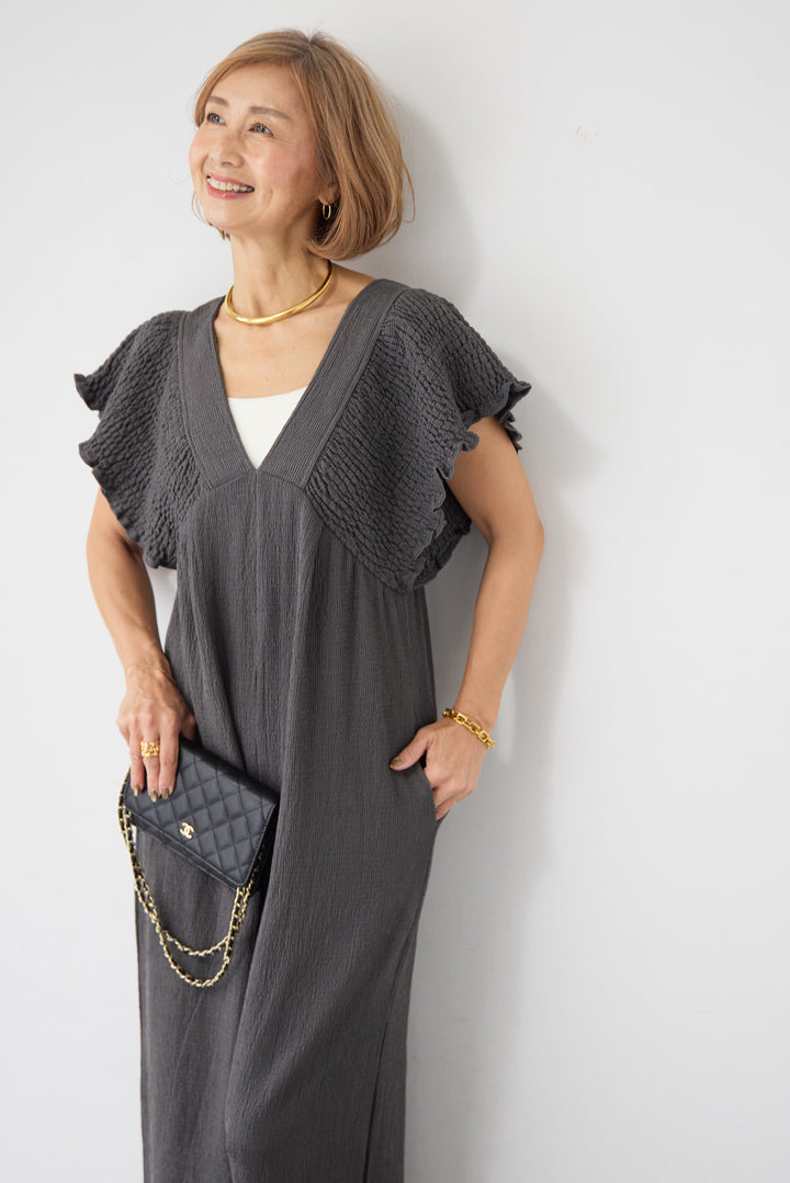 ふくれジャガード シャーリングサロペット