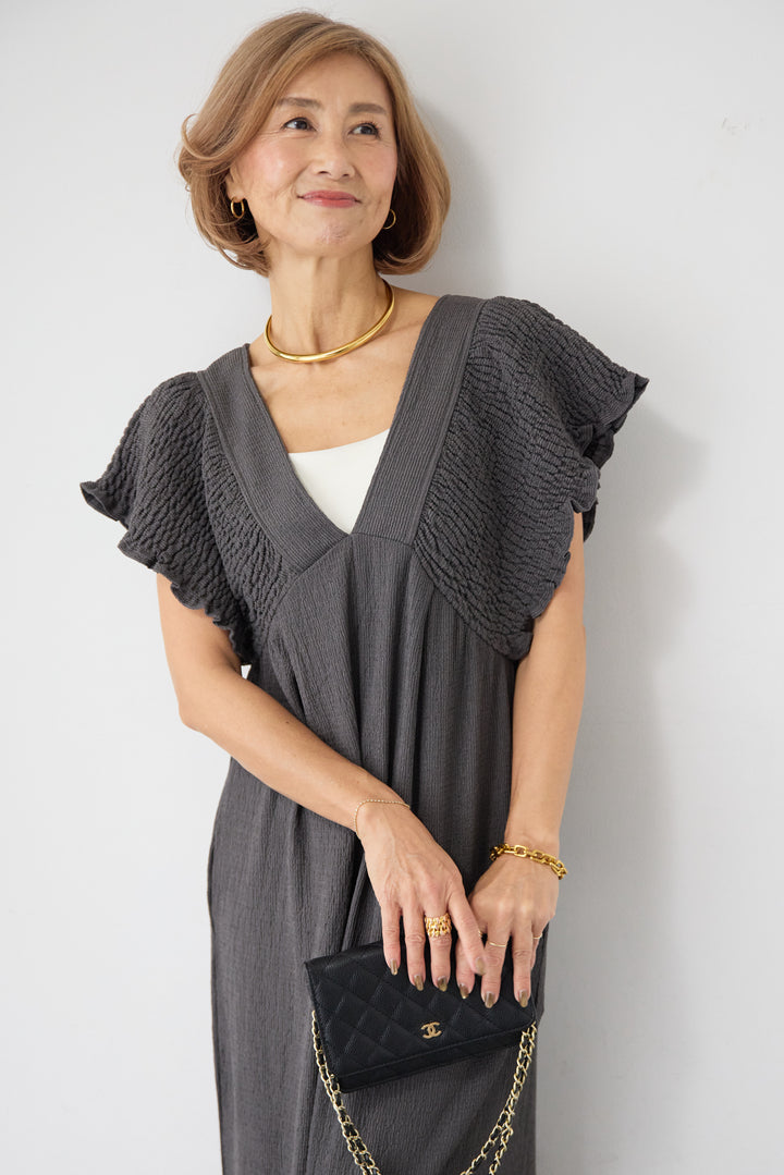 ふくれジャガード シャーリングサロペット