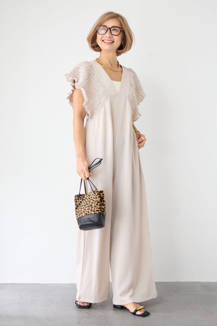 ふくれジャガード シャーリングサロペット