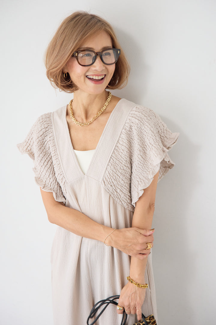 ふくれジャガード シャーリングサロペット