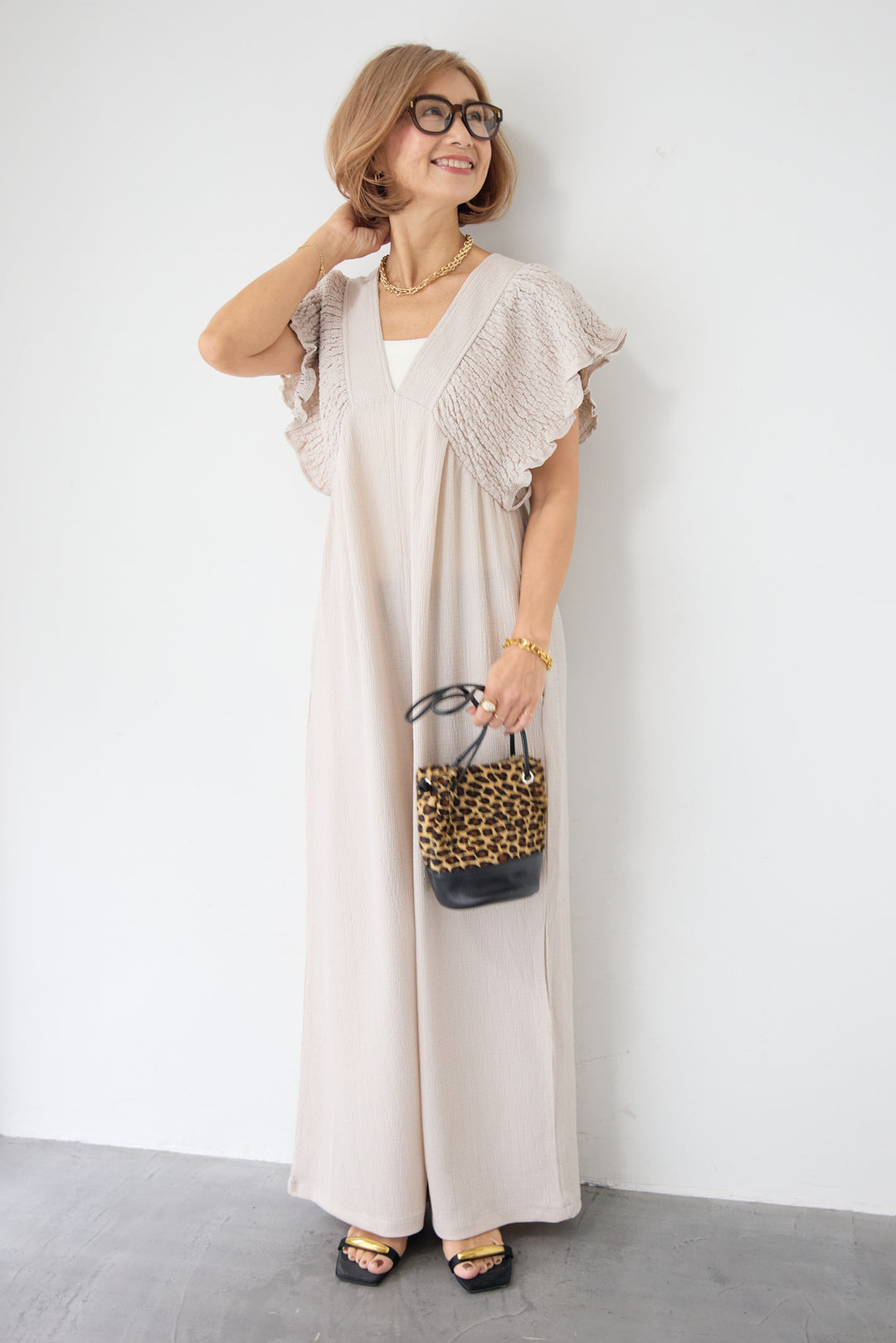 ふくれジャガード シャーリングサロペット