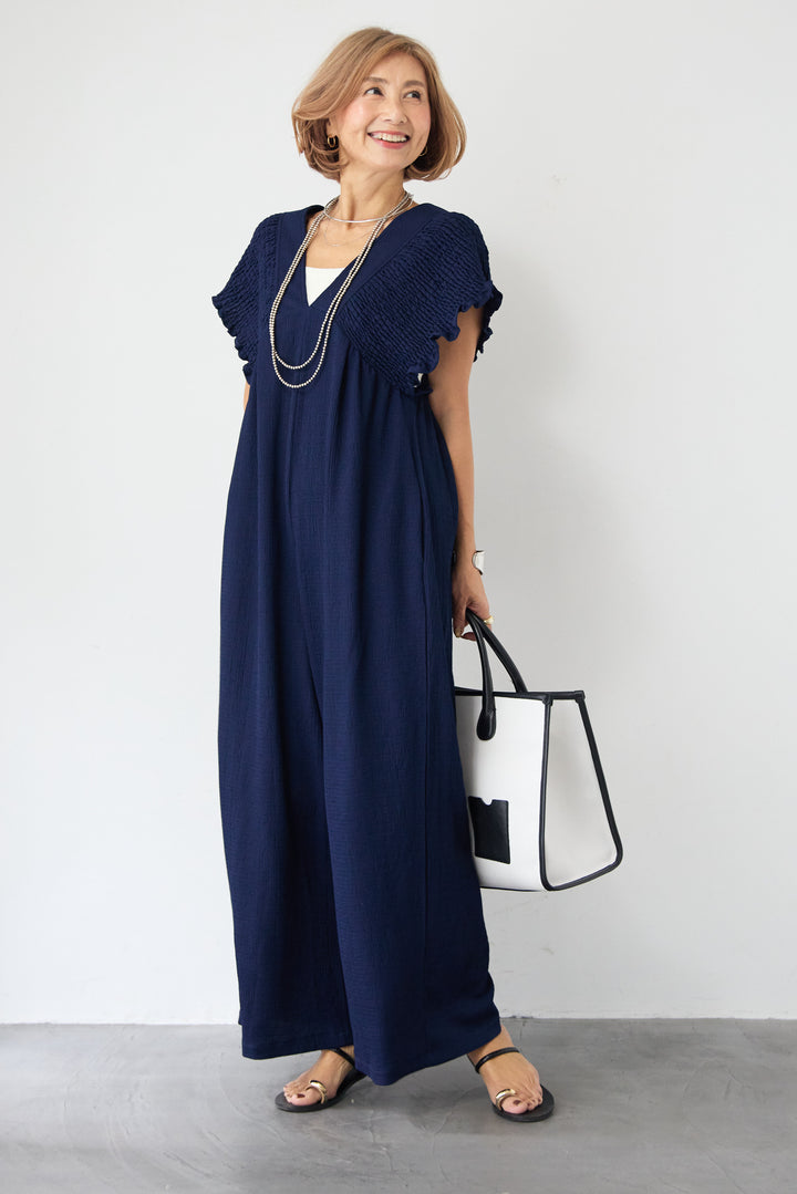 ふくれジャガード シャーリングサロペット