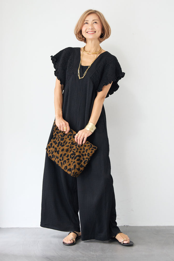 ふくれジャガード シャーリングサロペット