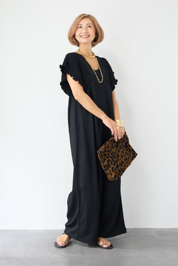 ふくれジャガード シャーリングサロペット