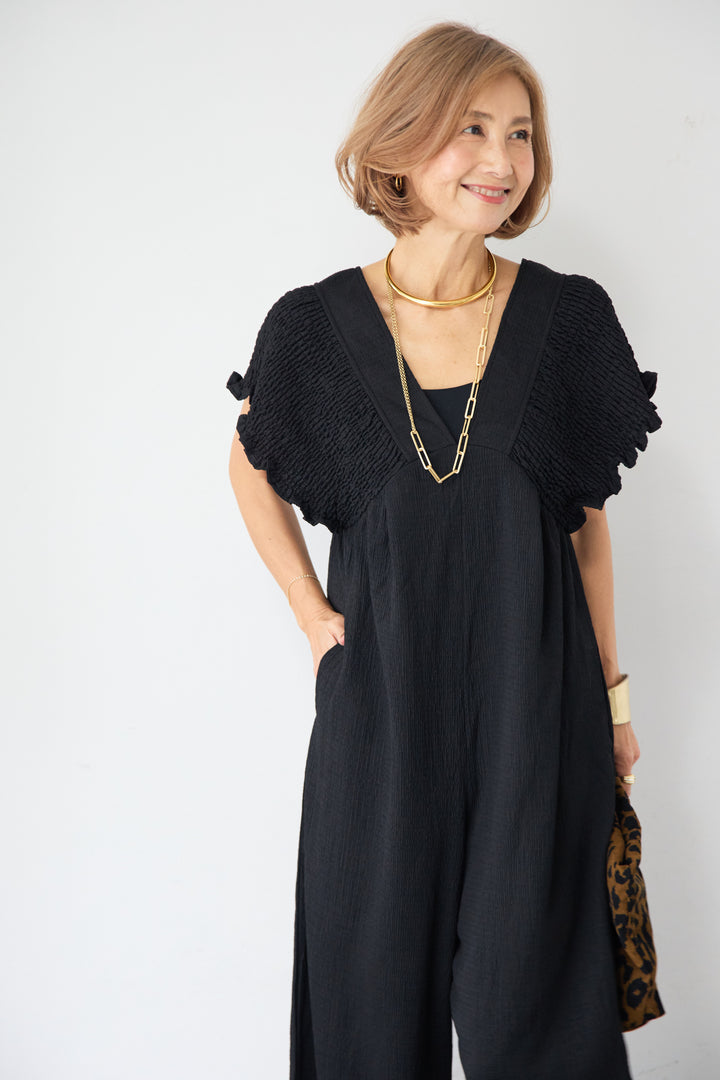 ふくれジャガード シャーリングサロペット