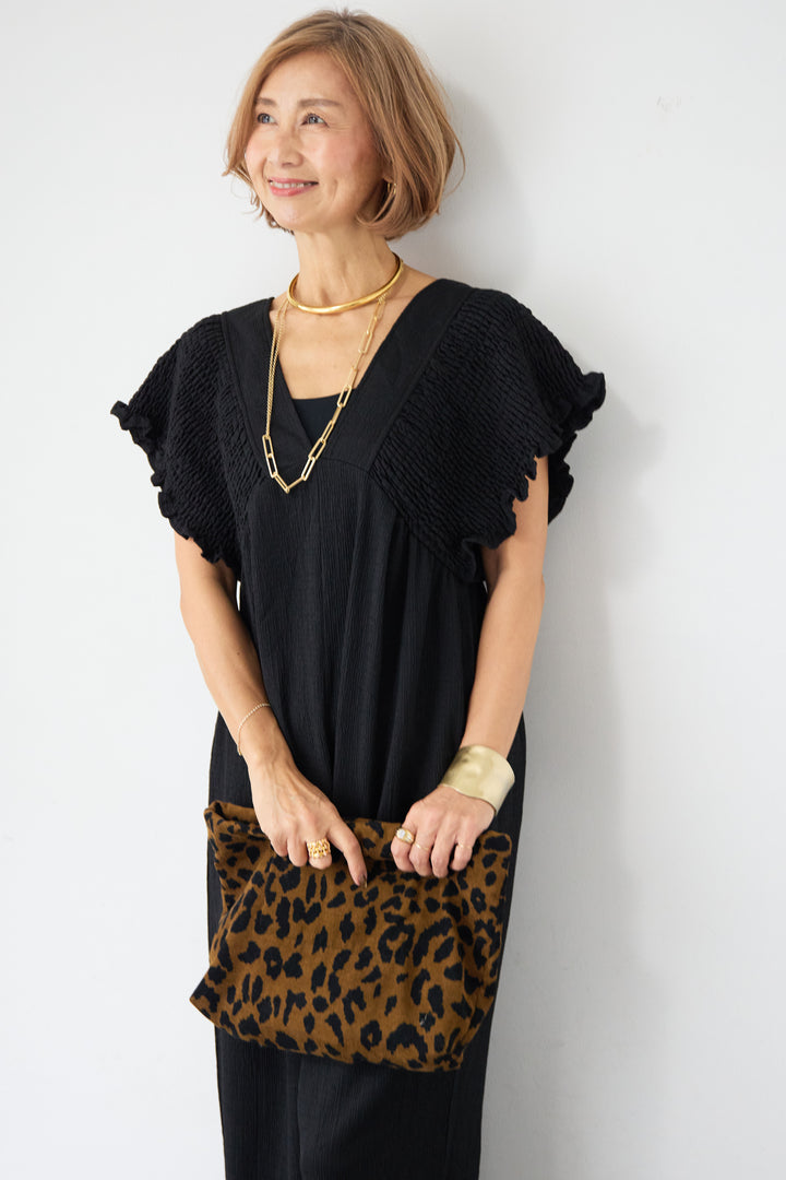 ふくれジャガード シャーリングサロペット